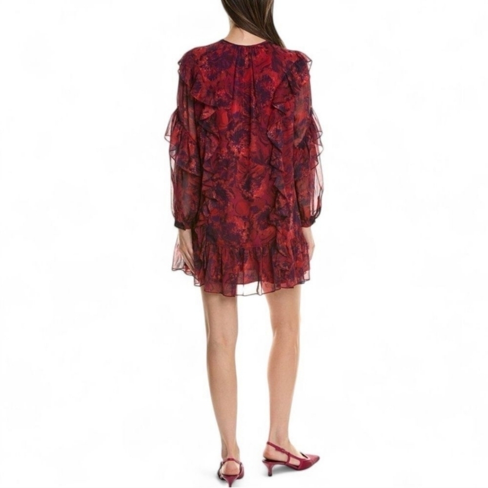 NEW Cinq a Sept Livie Floral Tiered Ruffle Chiffon Dress Dark Red Size 4 - Picture 2 of 13